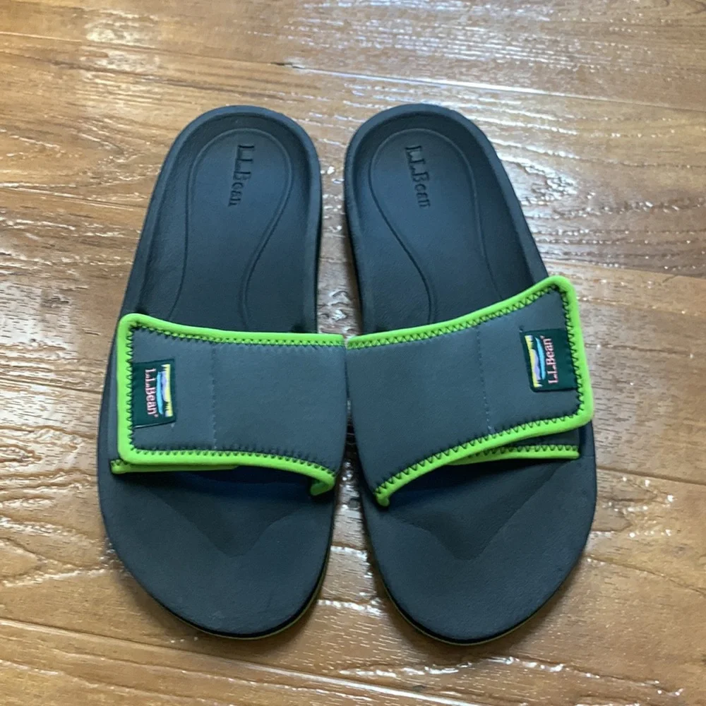 L.L.Bean Black Slide Sandals with Neon Green Trim
